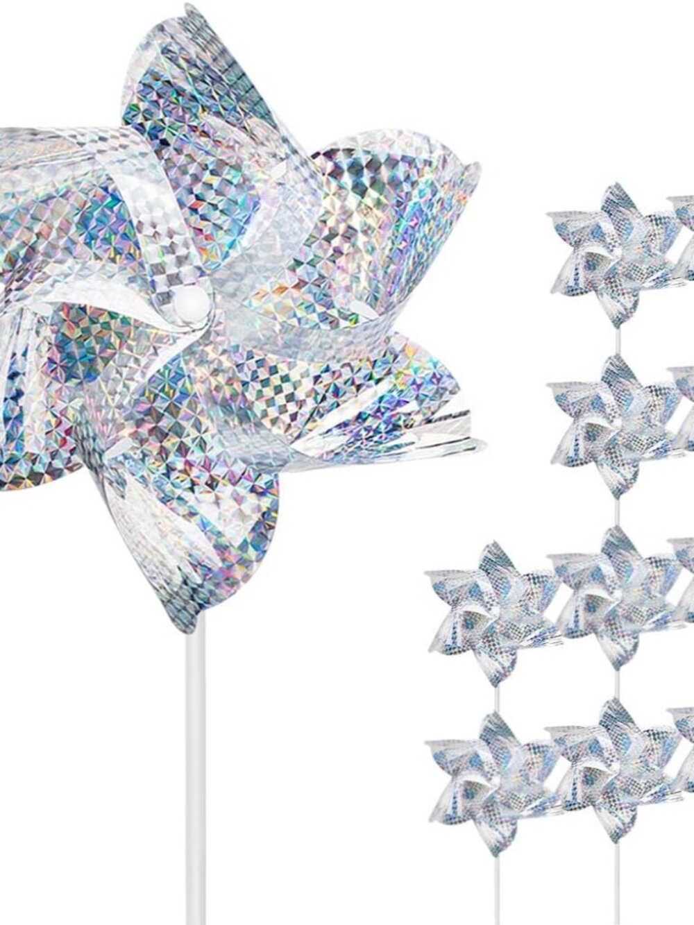 10 Pack Reflective Pinwheels for Garden Yard - Sparkly Silver Bird Deterrent Dev
